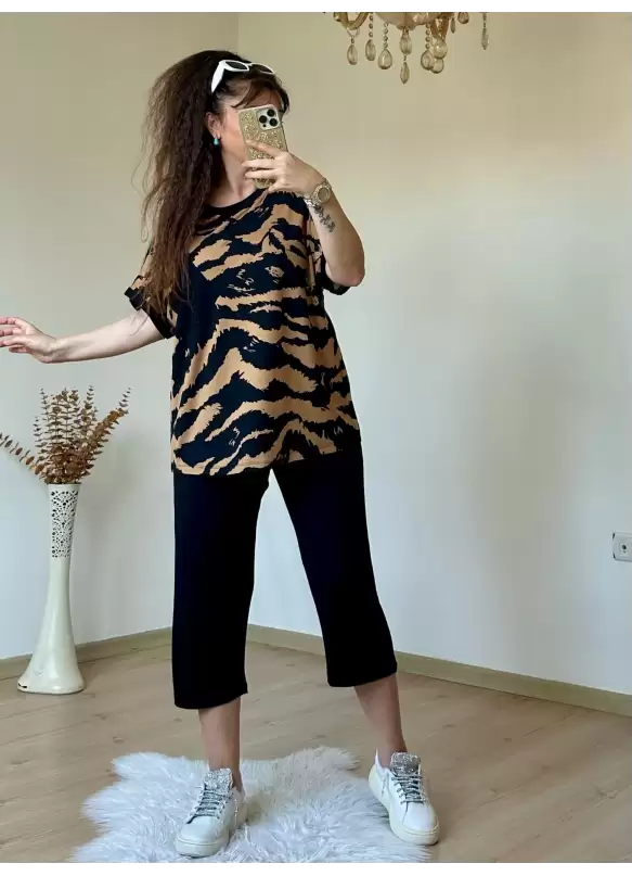 Kısa Kol Kahve Baskı Desen takım