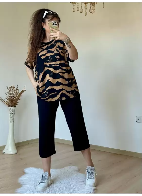 Kısa Kol Kahve Baskı Desen takım