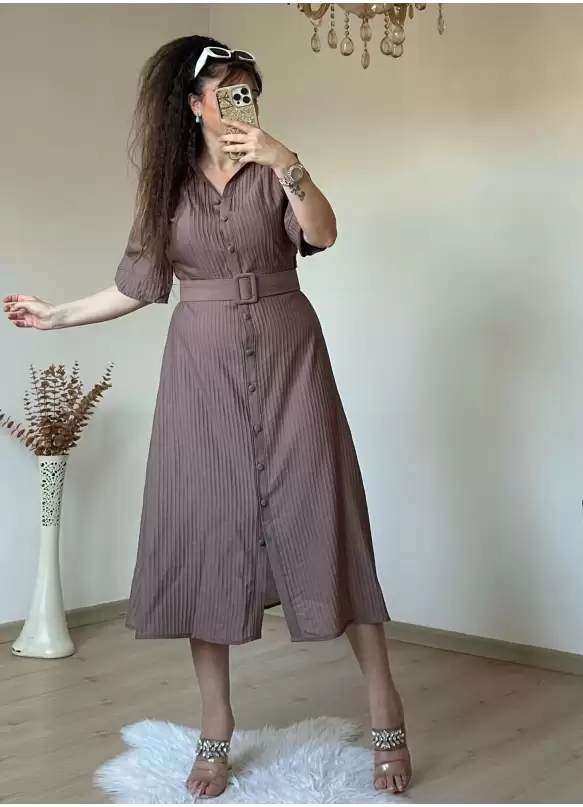 Kısa Kol Midi Boy Gömlek Elbise Kahve