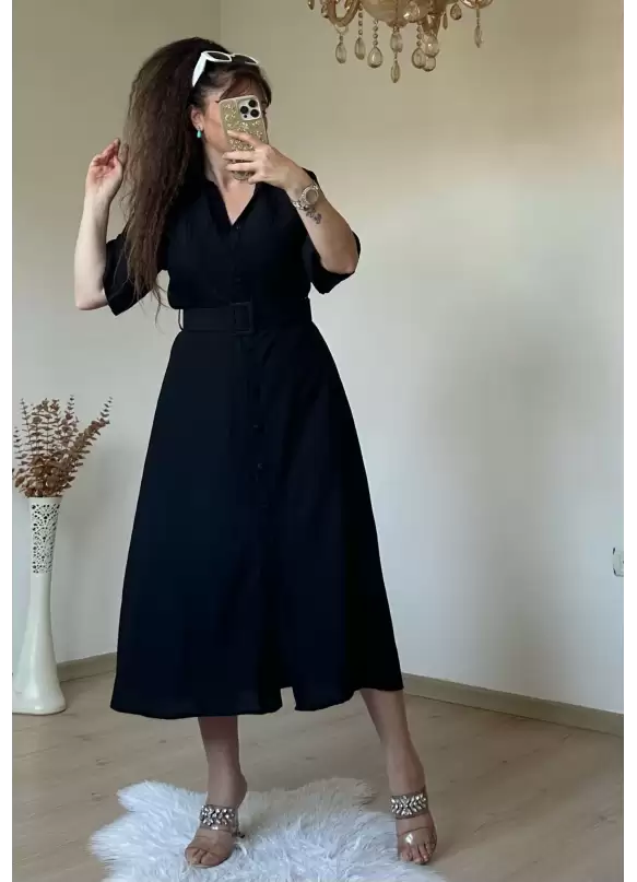 Kısa Kol Midi Boy Gömlek Elbise Siyah