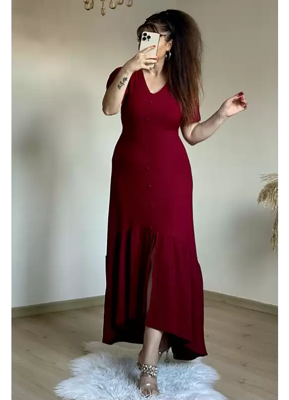 Kısa Kol Romantik Elbise Bordo