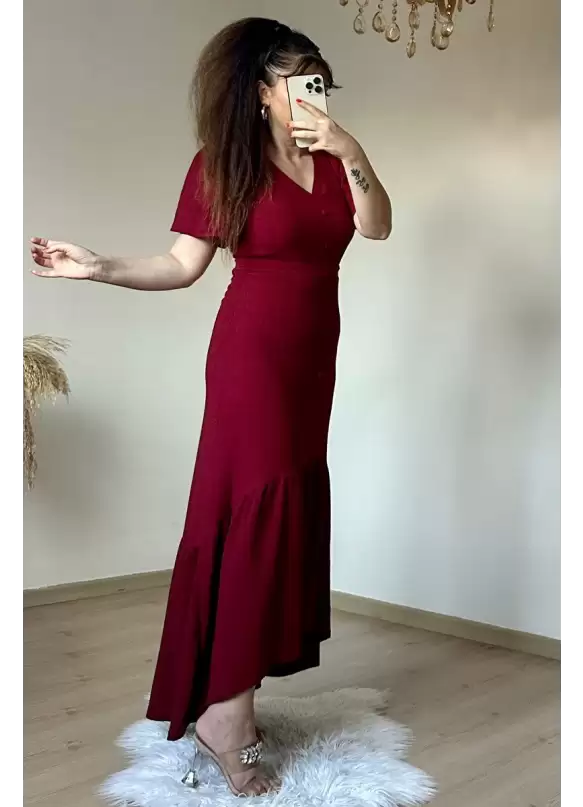 Kısa Kol Romantik Elbise Bordo