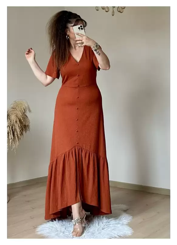 Kısa Kol Romantik Elbise Kiremit
