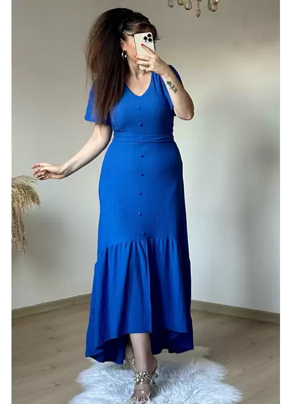 Kısa Kol Romantik Elbise Mavi