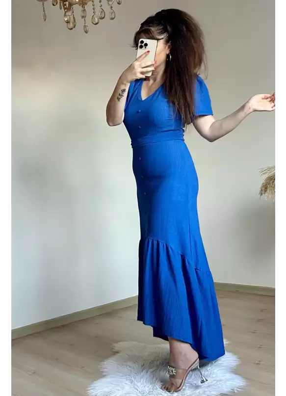 Kısa Kol Romantik Elbise Mavi
