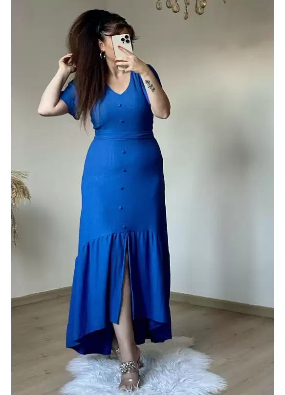Kısa Kol Romantik Elbise Mavi