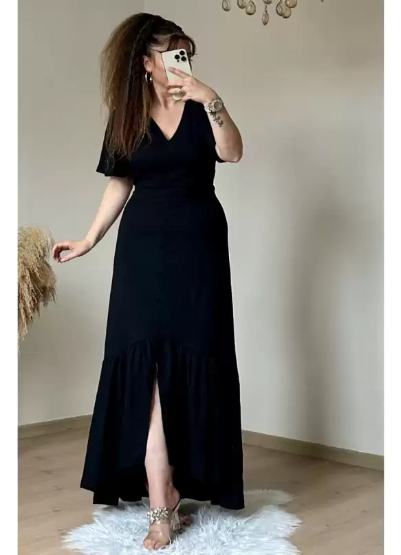 Kısa Kol Romantik Elbise Siyah