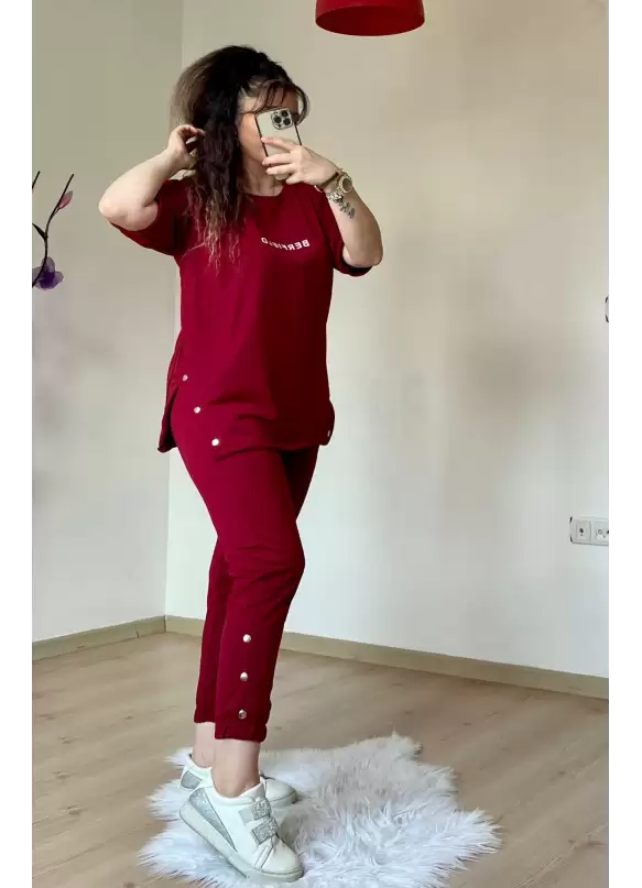 Kısa Kol Yan Çıtçıtlı Bordo Takım