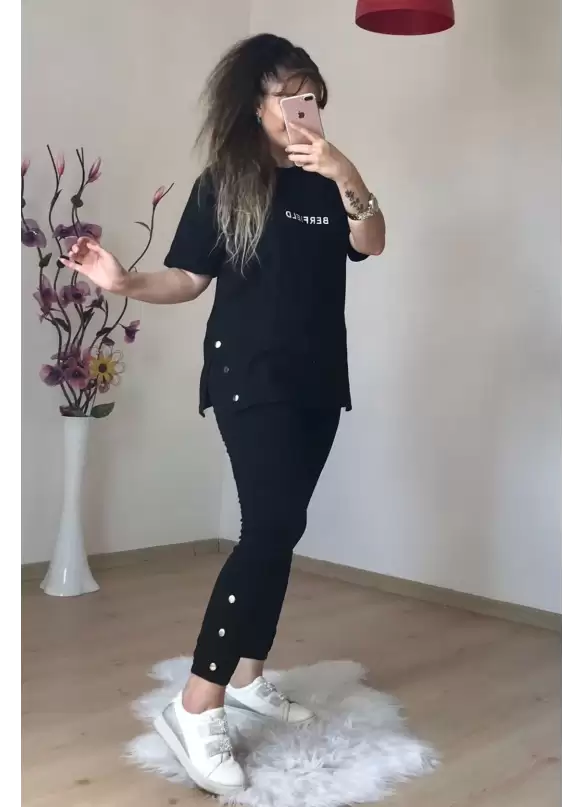 Kısa Kol Yan Çıtçıtlı Siyah Takım