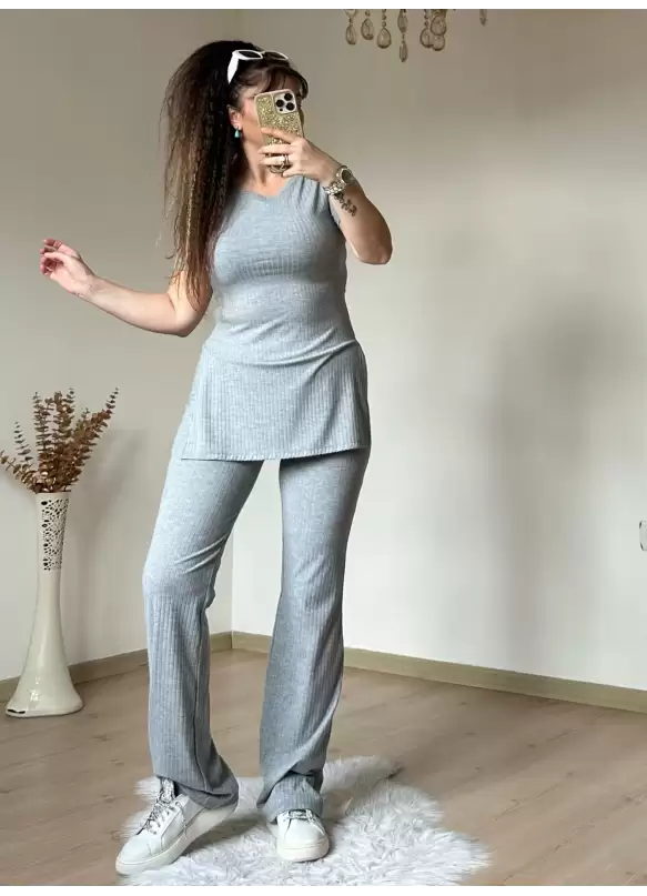 Kısa Kol Yan Yırtmaçlı Kaskorse Takım Gri