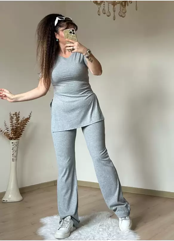 Kısa Kol Yan Yırtmaçlı Kaskorse Takım Gri