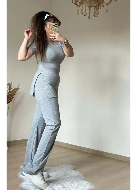 Kısa Kol Yan Yırtmaçlı Kaskorse Takım Gri