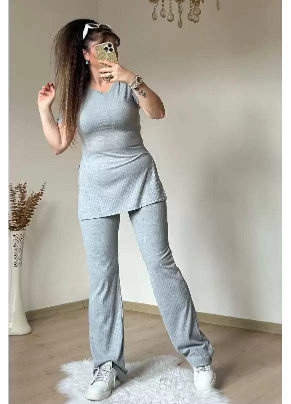 Kısa Kol Yan Yırtmaçlı Kaskorse Takım Gri