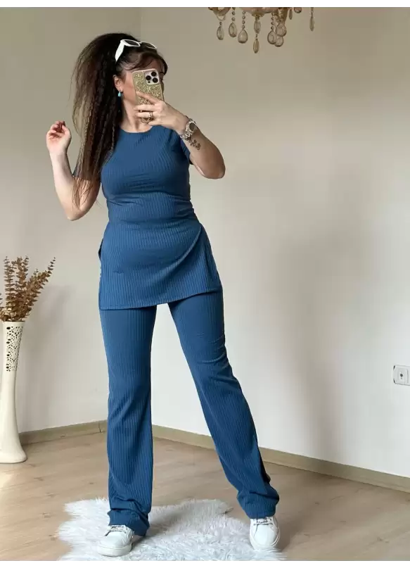Kısa Kol Yan Yırtmaçlı Kaskorse Takım Mavi