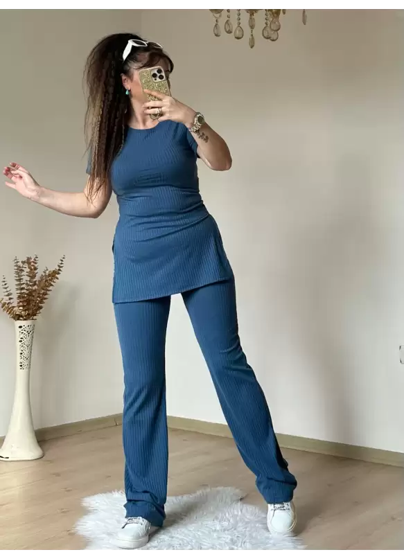 Kısa Kol Yan Yırtmaçlı Kaskorse Takım Mavi
