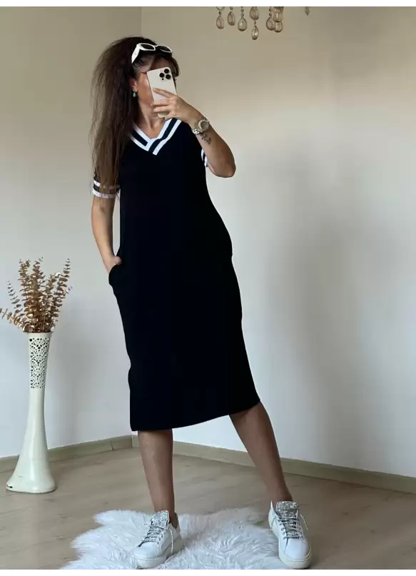 Kısa Kollu V Yaka Ribana Detay Midi Boy Elbise