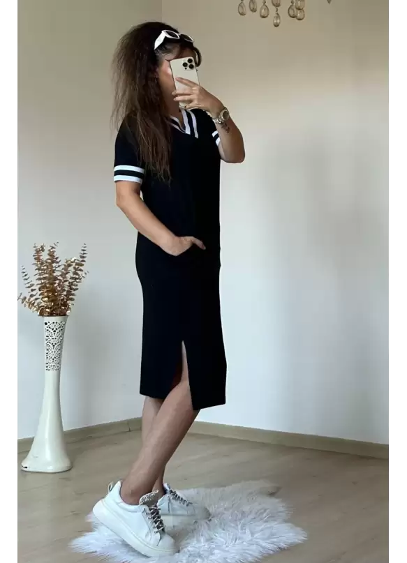 Kısa Kollu V Yaka Ribana Detay Midi Boy Elbise