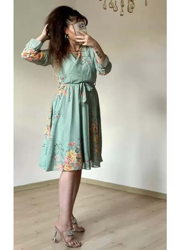 Kısa Sarı çiçekli Şifon Elbise -SU YEŞİLİ