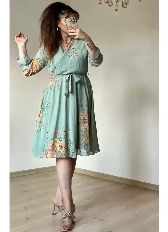 Kısa Sarı çiçekli Şifon Elbise -SU YEŞİLİ
