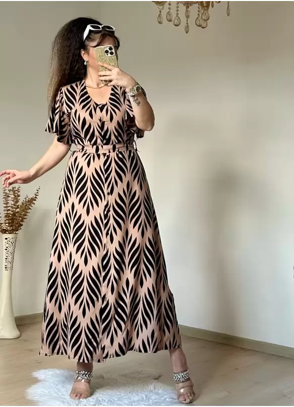 Kol Volanlı Kahve Desen Elbise