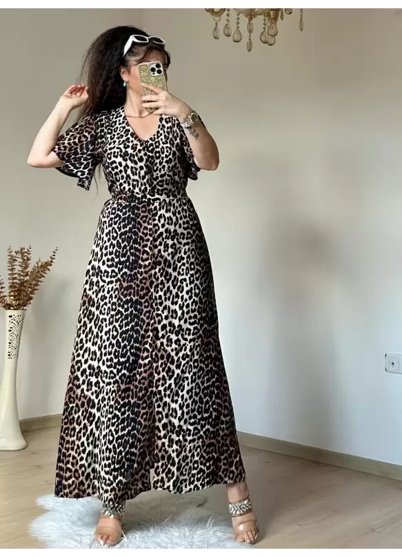 Kol Volanlı Leopar Elbise