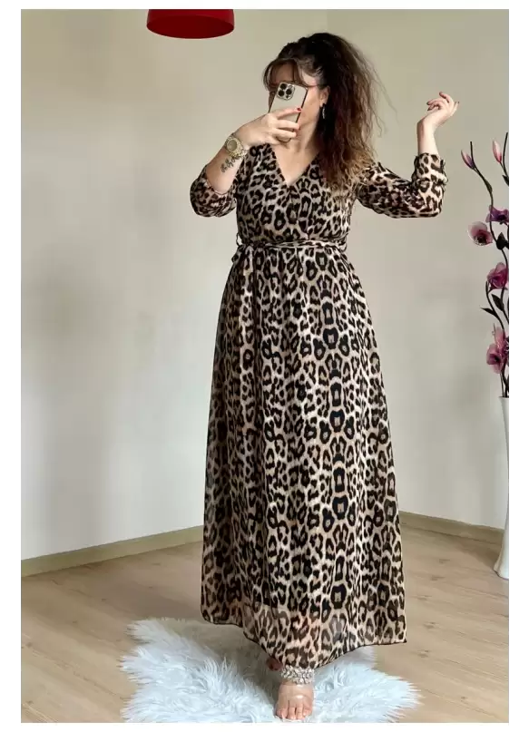 Koyu Renk Uzun Leopar Desen Şifon Elbise