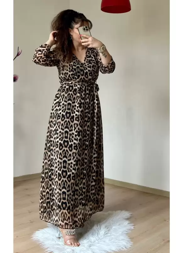 Koyu Renk Uzun Leopar Desen Şifon Elbise