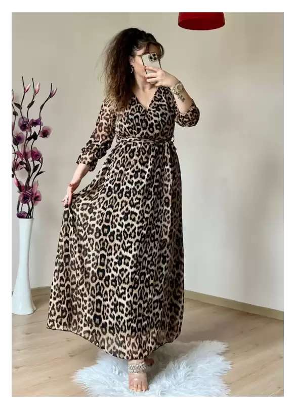 Koyu Renk Uzun Leopar Desen Şifon Elbise