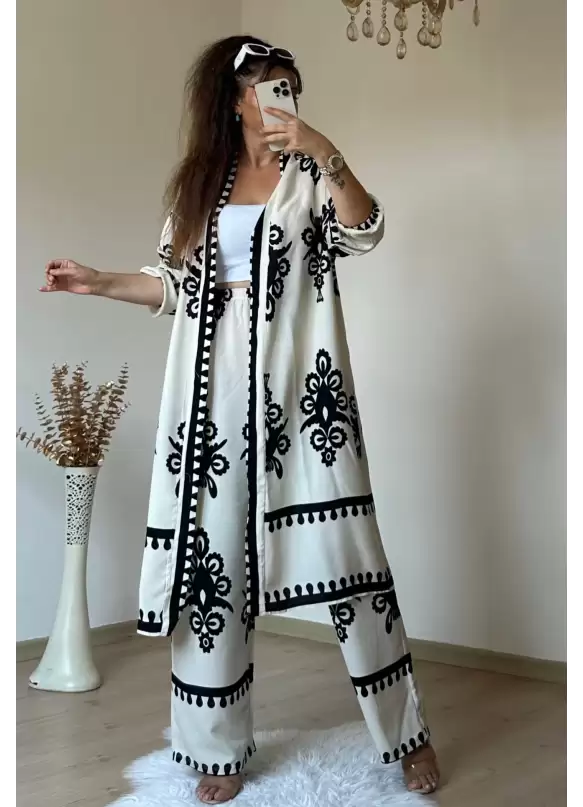 Cream Patterned Tunic Set