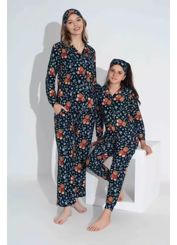 Lacivert Ayıcık Desen Anne Pijama Takımı
