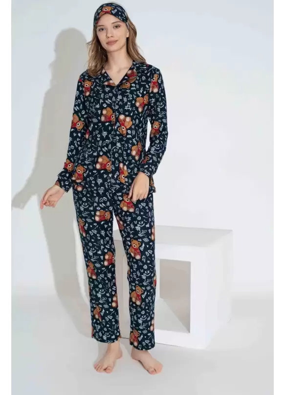 Lacivert Ayıcık Desen Anne Pijama Takımı