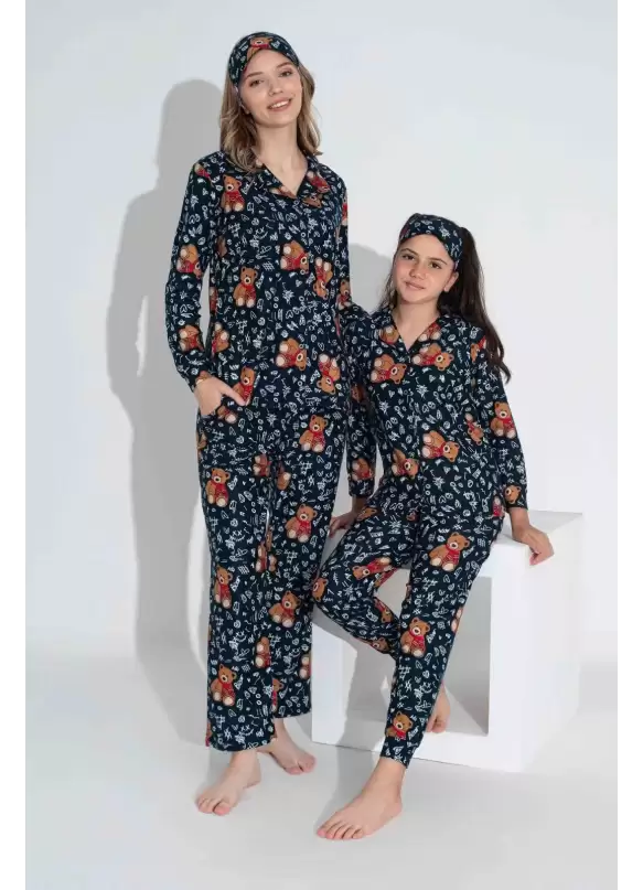 Lacivert Ayıcık Desen Çoçuk Pijama Takımı