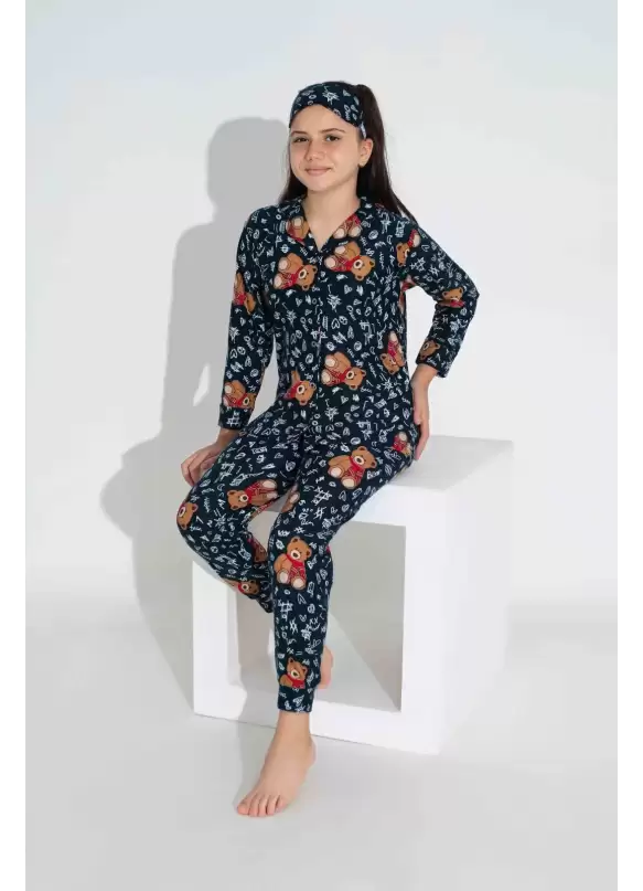 Lacivert Ayıcık Desen Çoçuk Pijama Takımı