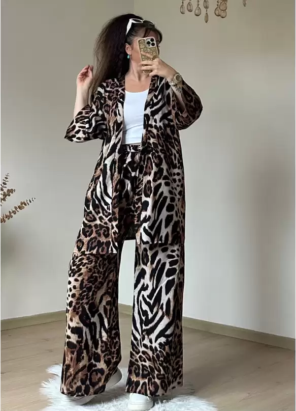 Leopar Desen Dokuma Viskon Kimono Takım