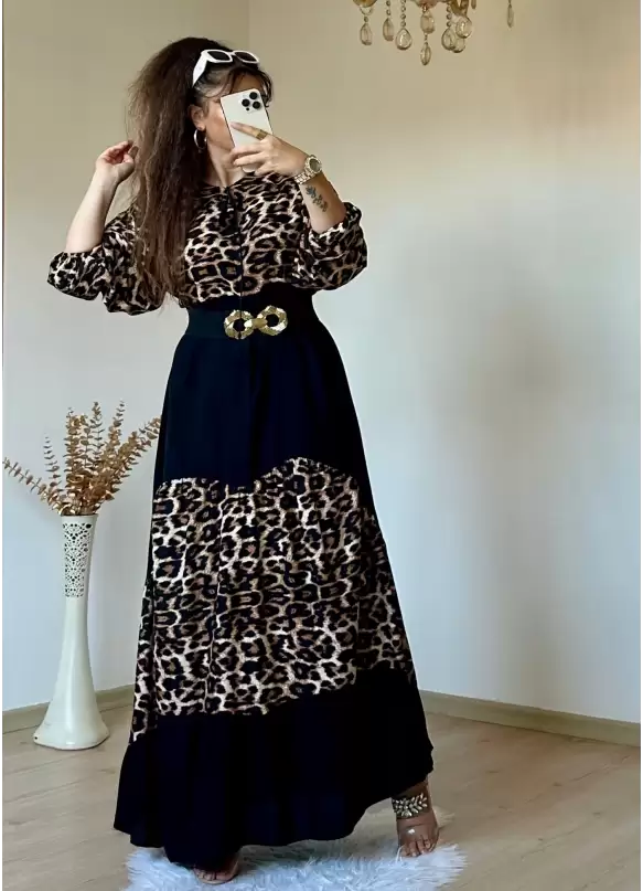 Leopar Desen Salaş Elbise