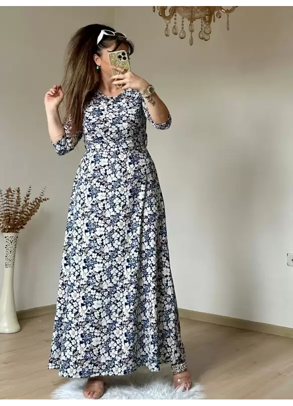 Mavi Çıtır Çıceklı Bürümcük Elbise