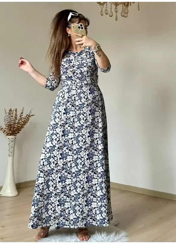 Mavi Çıtır Çıceklı Bürümcük Elbise