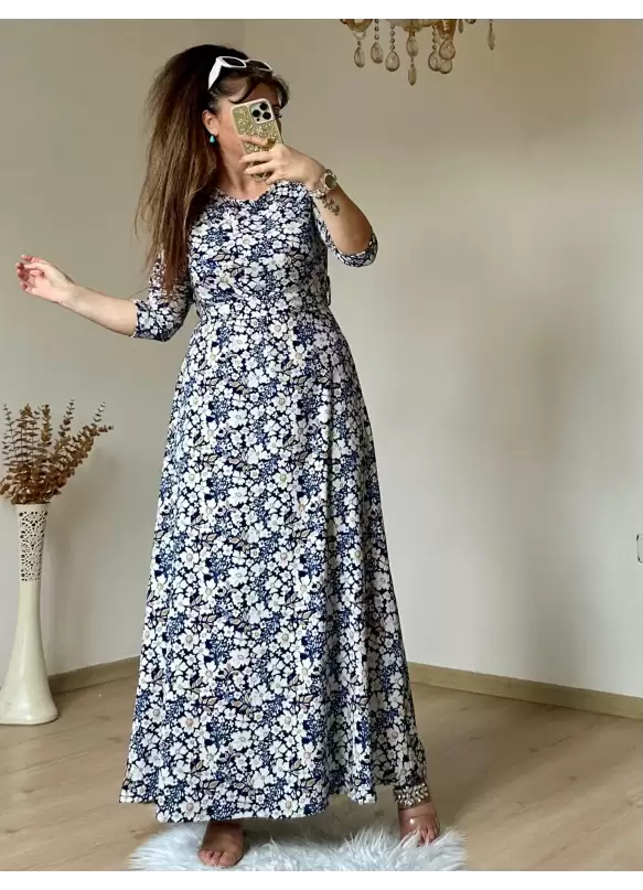 Mavi Çıtır Çıceklı Bürümcük Elbise