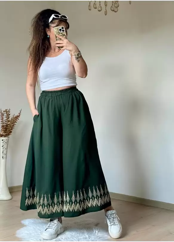 Nakışlı Pantalon Etek Haki