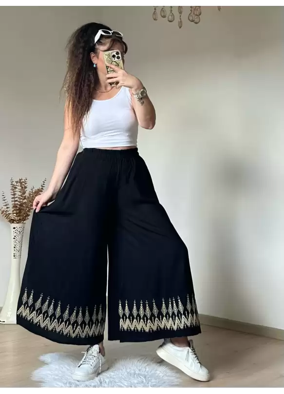 Nakışlı Pantalon Etek Siyah