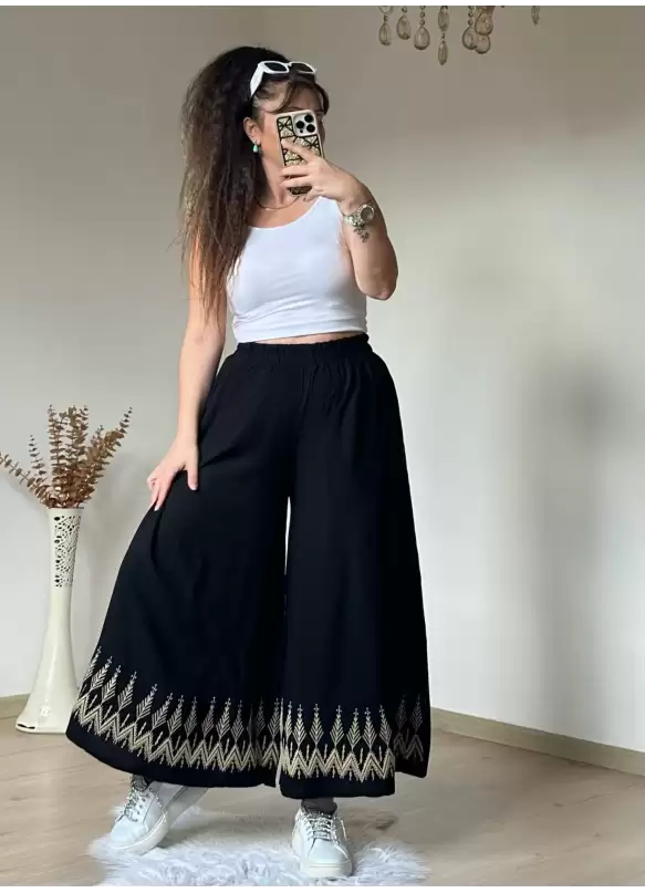 Nakışlı Pantalon Etek Siyah