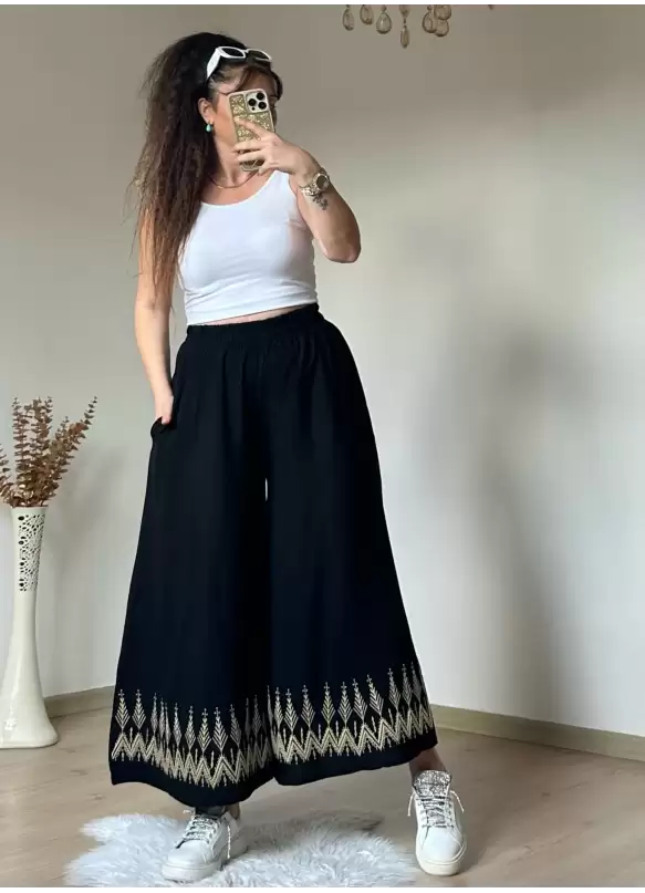 Nakışlı Pantalon Etek Siyah