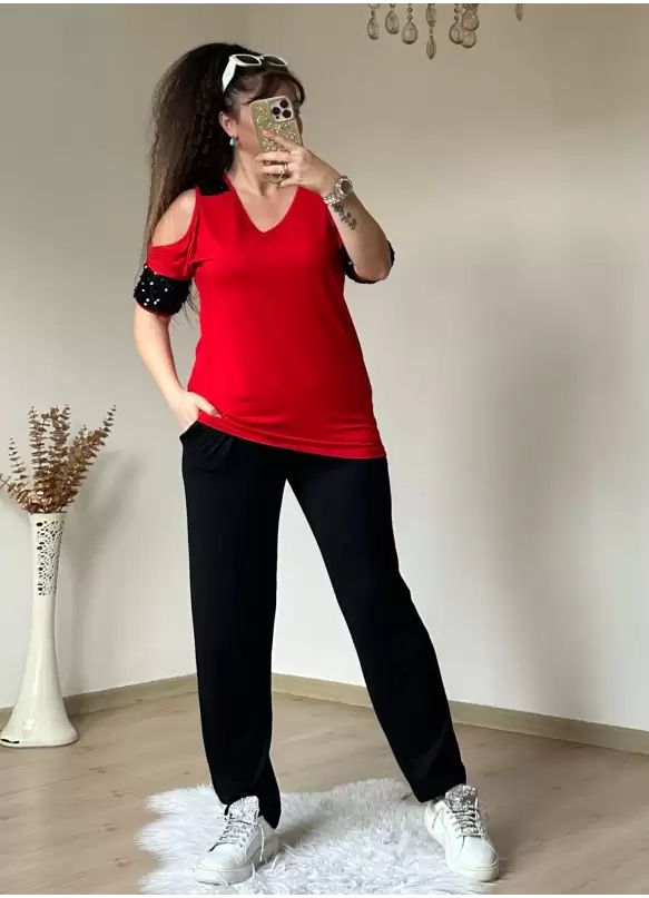 Omuz Detaylı Pullu Takım Kırmızı