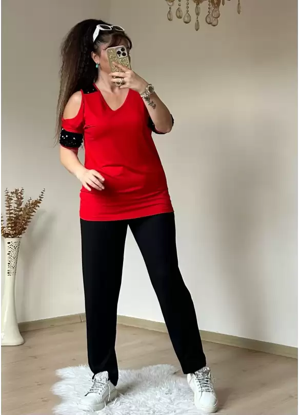 Omuz Detaylı Pullu Takım Kırmızı