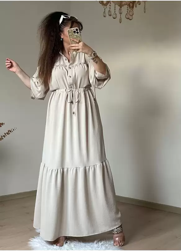 Ön Taşlı Elbise Bej