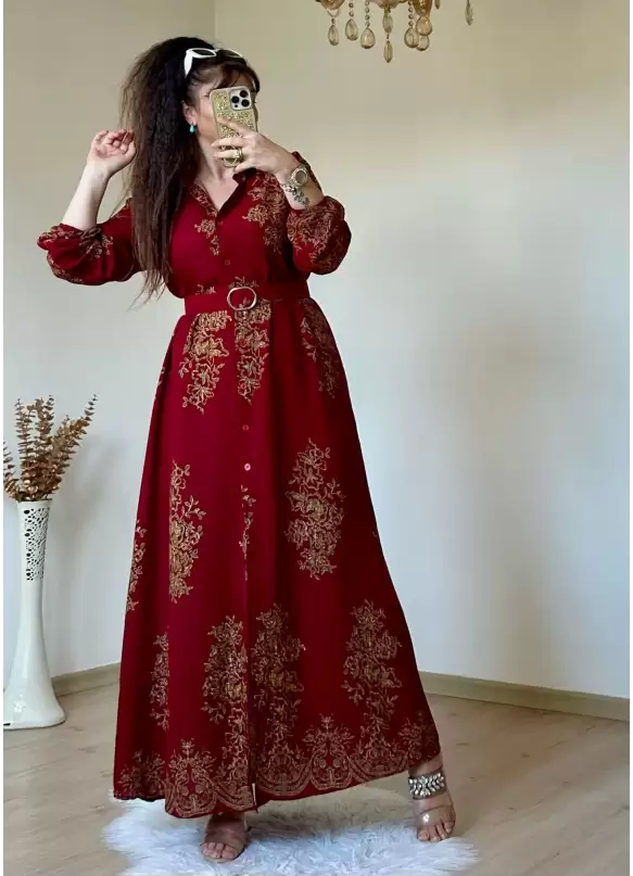 Otantık Desen Gömlek Elbise Bordo