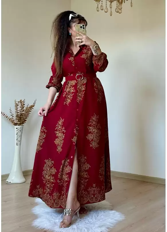 Otantık Desen Gömlek Elbise Bordo