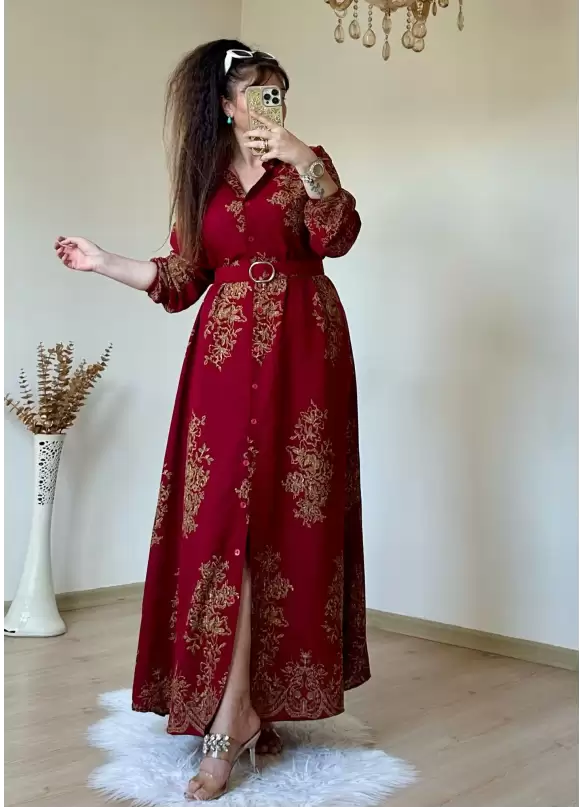 Otantık Desen Gömlek Elbise Bordo