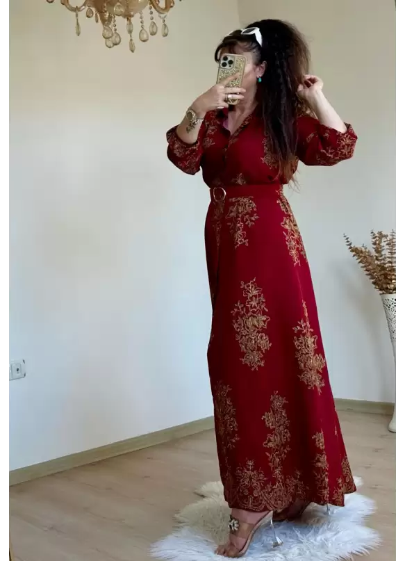 Otantık Desen Gömlek Elbise Bordo