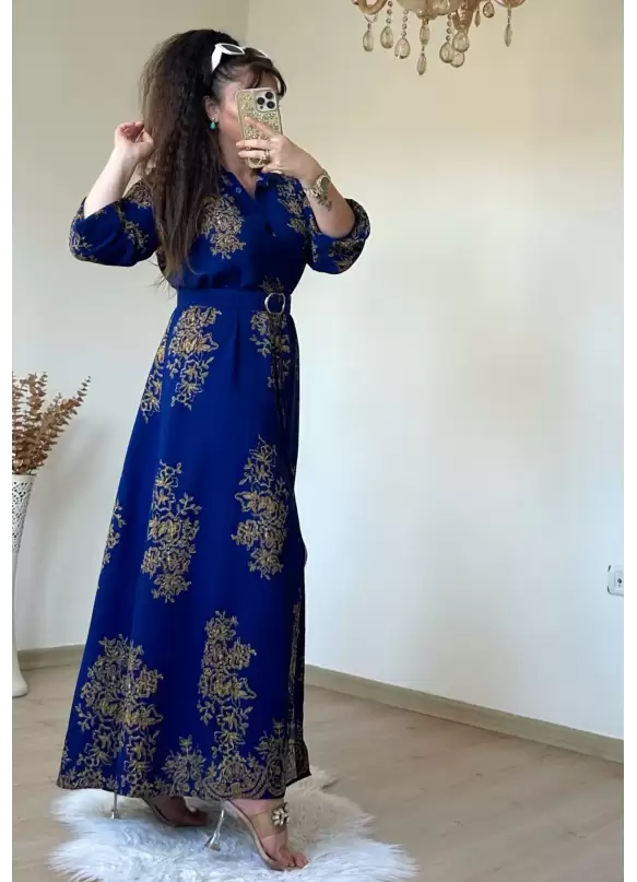 Otantık Desen Gömlek Elbise Mavi